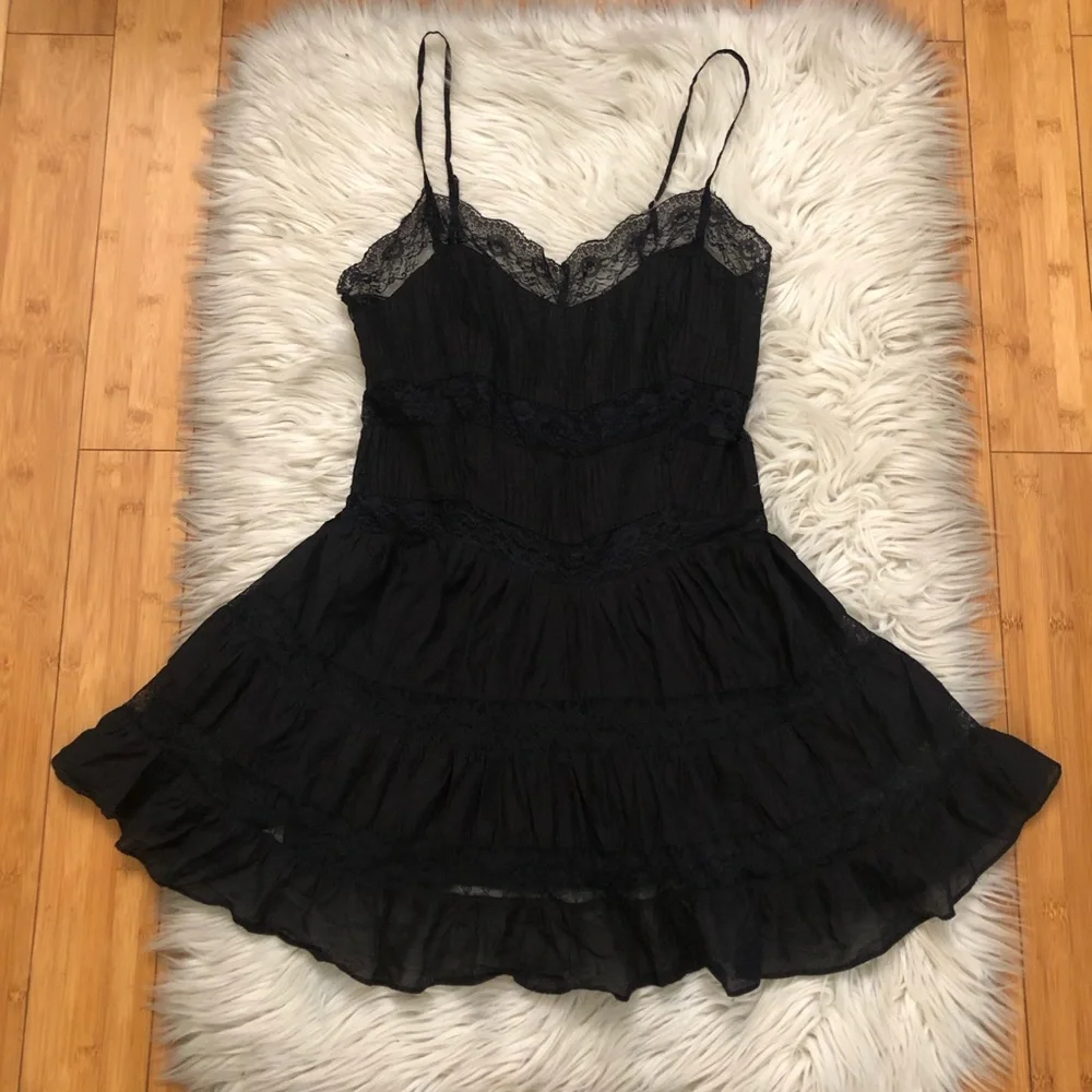 Free People Somebody To Love Lace Tiered Crinkled Black Cami Top Dress size S